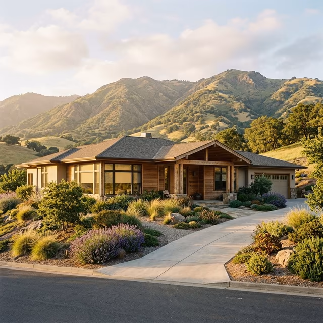 La Grange Window Coverings energy-efficient solar shades on a spacious ranch-style home with panoramic Sonoma Mountain views in Bennett Valley, Santa Rosa CA 95405