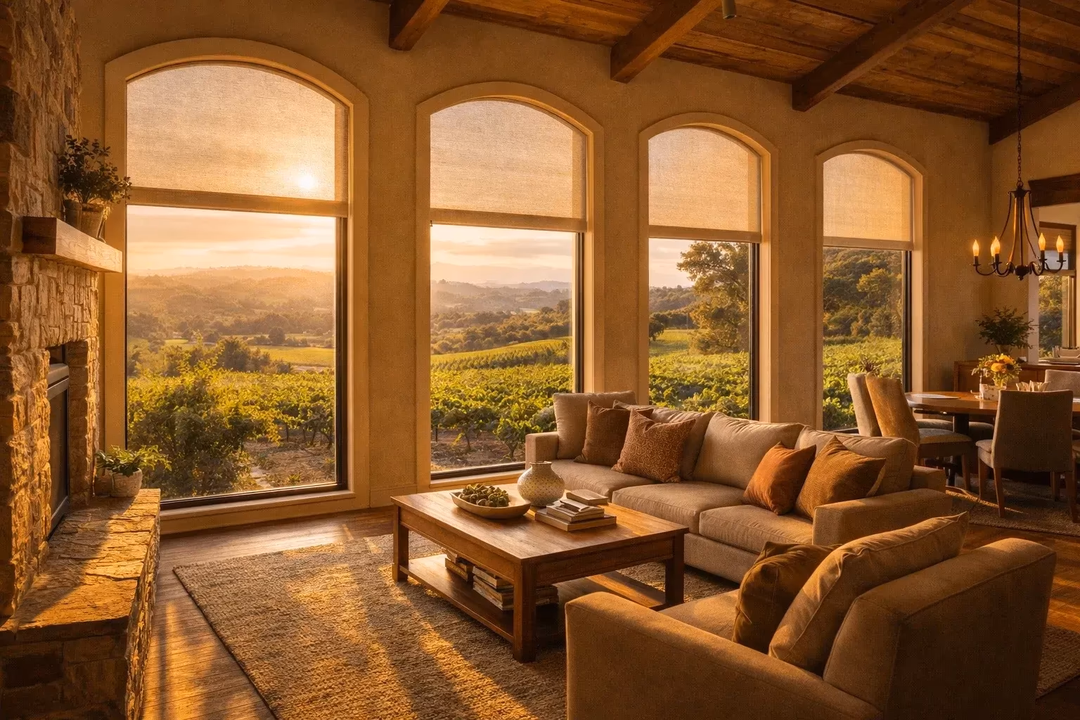La Grange Window Coverings Hunter Douglas Duette Architella honeycomb shades with R-7.0 insulation in a Tuscan-style Fountaingrove estate with vineyard sunset views, Santa Rosa CA 95404