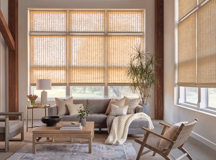 Elegant Hunter Douglas Silhouette ClearView window shadings with 99% UV protection complementing luxury interior design in a Healdsburg CA 95448 estate by La Grange Window Coverings