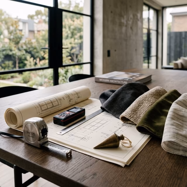 Veronica Thompson presenting designer fabric samples and window treatment options to clients during an in-home consultation in Sonoma County