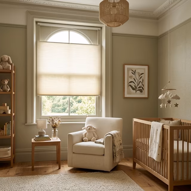 La Grange Window Coverings child-safe cordless cellular shades filtering soft daylight in a modern nursery, WCMA Best for Kids certified, Windsor CA