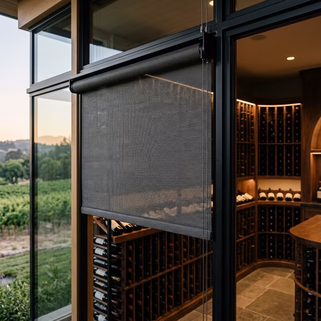 La Grange Window Coverings UV-blocking woven shades protecting a glass-walled wine cellar collection with precision light and thermal control in Sonoma County