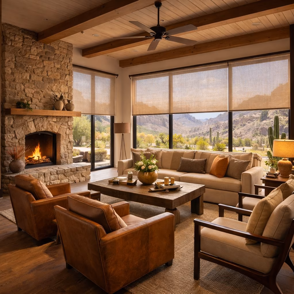 La Grange Window Coverings SHGC 0.17 solar shades managing extreme upper-valley 100°F heat exposure beside a stone fireplace in a Calistoga ranch estate near Indian Springs, Calistoga CA 94515