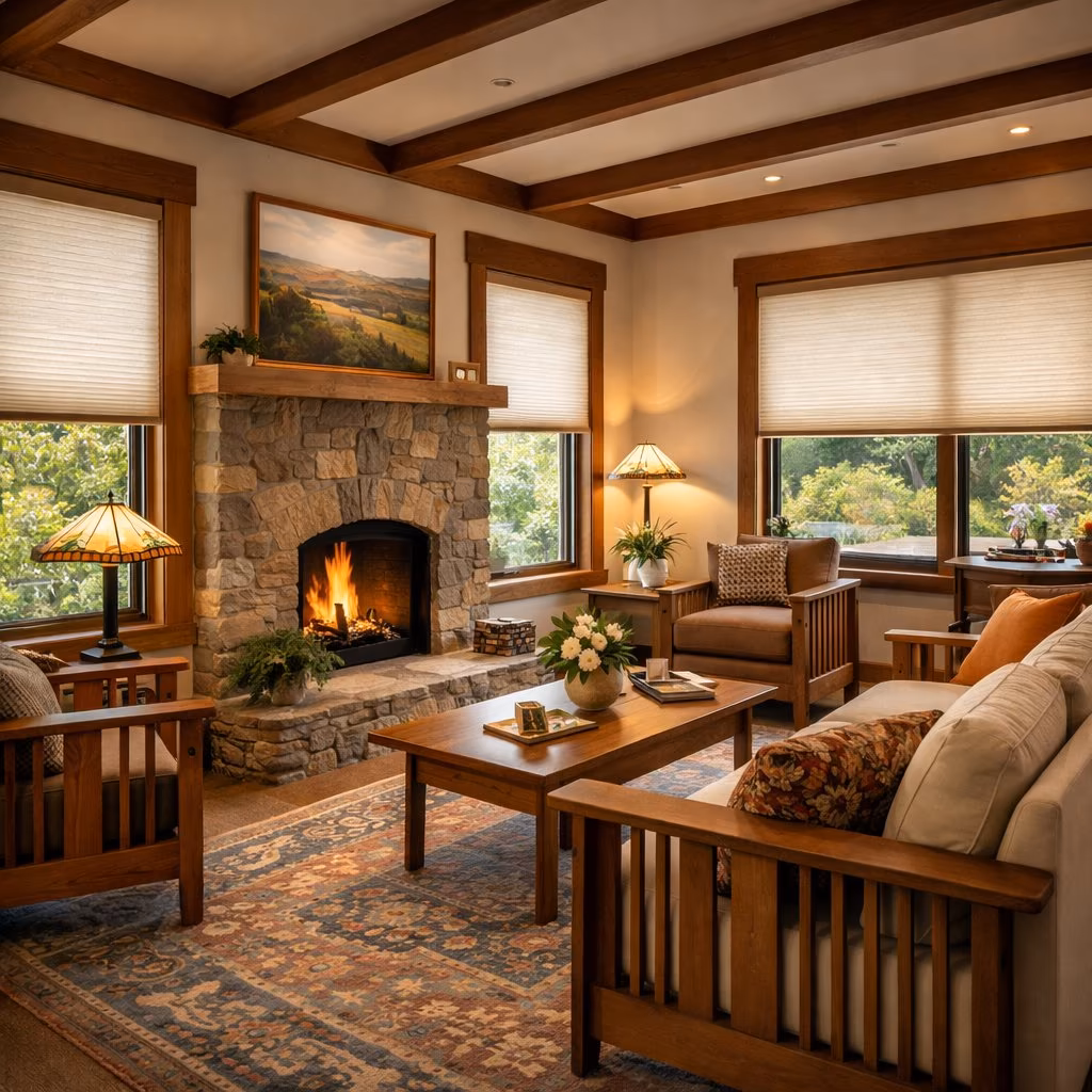 La Grange Window Coverings Duette Architella honeycomb shades with R-7.0 insulation reducing valley floor heat beside an Arts and Crafts brick fireplace in a London Ranch heritage retreat, Glen Ellen CA 95442