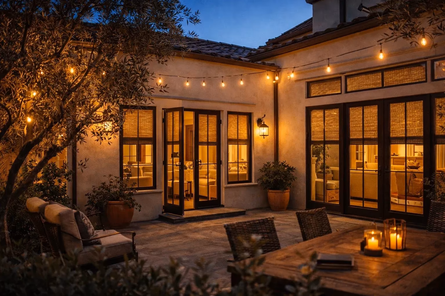 La Grange Window Coverings Hartmann and Forbes woven wood shades with candlelight ambiance in a Healdsburg Plaza courtyard residence near Montage Healdsburg and The Madrona, Healdsburg CA 95448