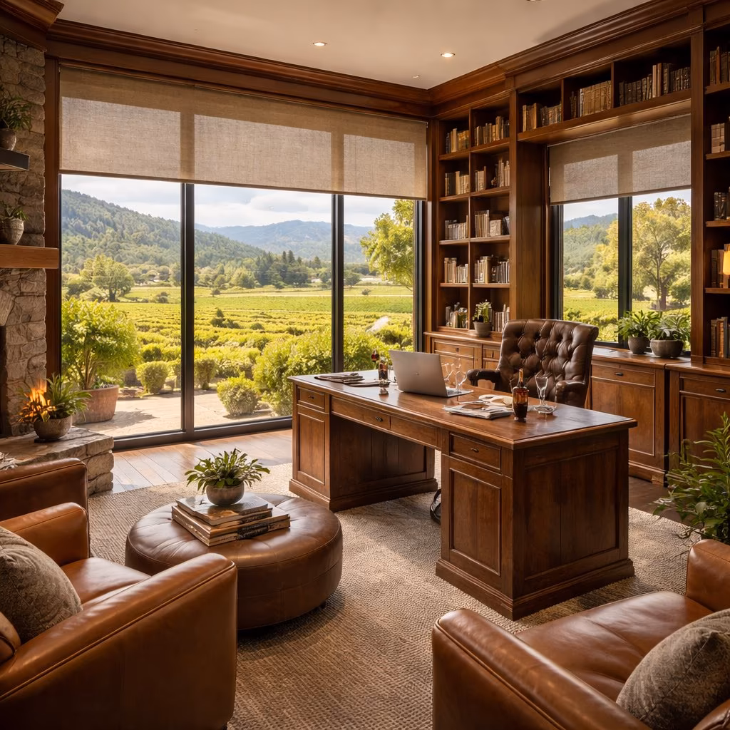 La Grange Window Coverings Lutron motorized solar shades with sun-tracking automation on vineyard-facing study windows in an estate along Warm Springs Road near Landmark Vineyards, Kenwood CA 95452