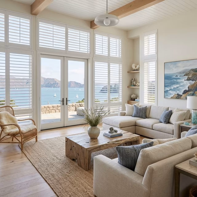 La Grange Window Coverings marine-grade Palm Beach Polysatin shutters with UV-resistant compound and salt-air hardware in a coastal Marin County estate great room, Marin County CA