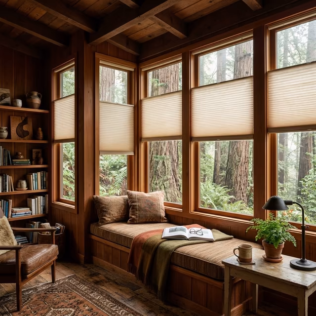 La Grange Window Coverings Duette Architella honeycomb shades with R-7.0 insulation on a cozy window seat managing redwood canopy shade and fog moisture in a Blithedale Canyon residence, Mill Valley CA 94941