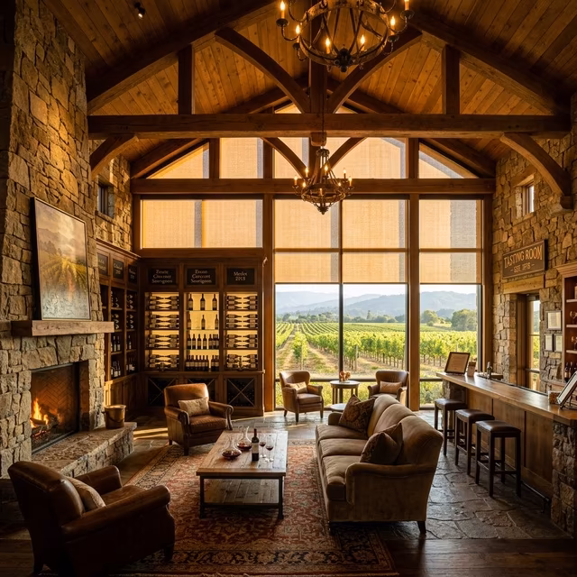 La Grange Window Coverings viticultural-grade 99% UV-rejection solar shades protecting wine collections and furnishings in a Napa Valley vineyard estate great room with panoramic vine row views, Napa County CA