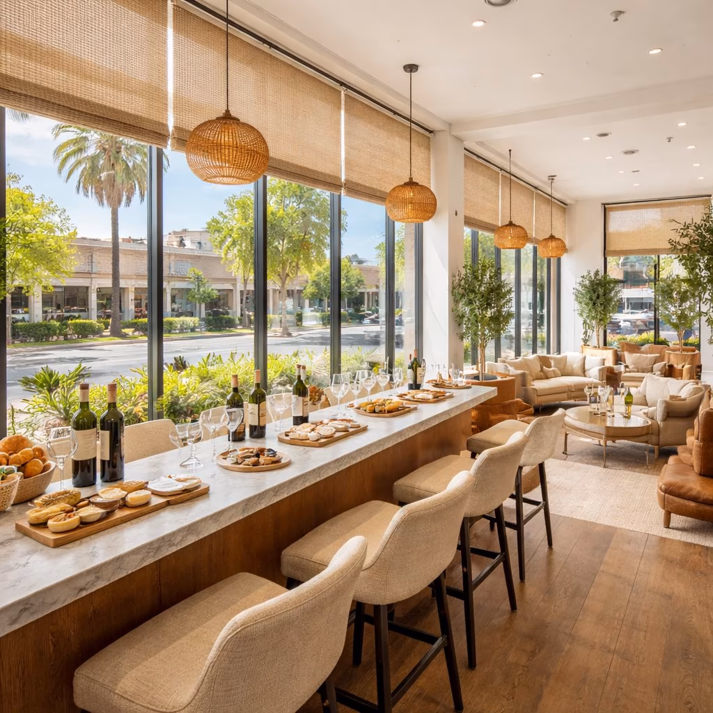 La Grange Window Coverings Hunter Douglas solar shades filtering 99% UV protecting wine displays and tasting bar in a Downtown Napa tasting room near the Oxbow Public Market, Napa CA 94558