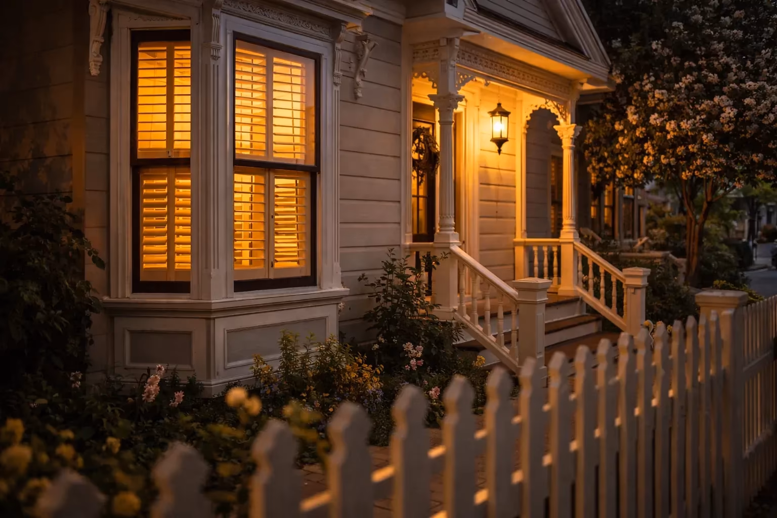 La Grange Window Coverings custom plantation shutters with warm interior glow complementing original Victorian millwork in historic Petaluma River District, Petaluma CA 94952