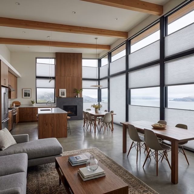 La Grange Window Coverings Hunter Douglas Duette Architella cellular shades with R-7.0 insulation managing Bay fog humidity in a contemporary Terra Linda hillside home with panoramic views, San Rafael CA 94901