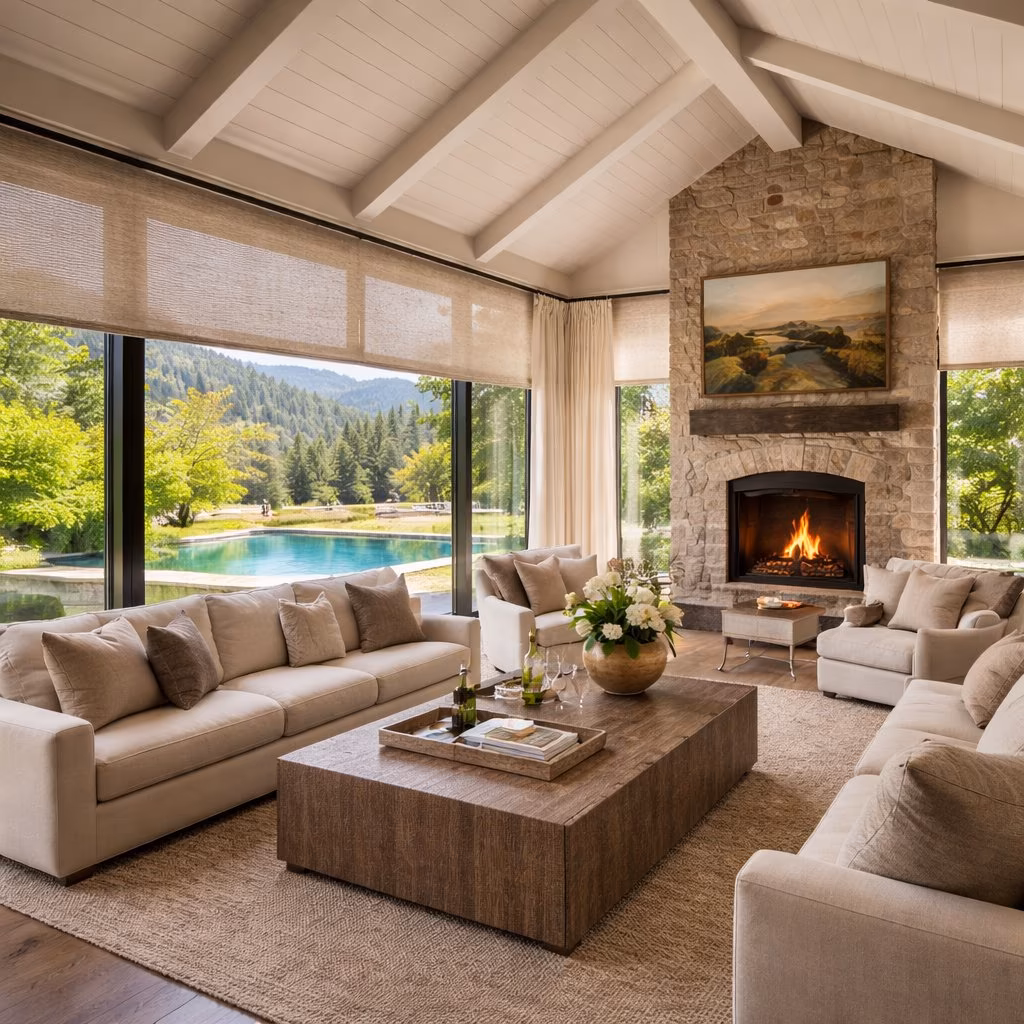 La Grange Window Coverings whole-home Lutron Palladiom motorized shades with sun-tracking automation in a Meadowood-adjacent estate living room with pool and vineyard panorama, St Helena CA 94574