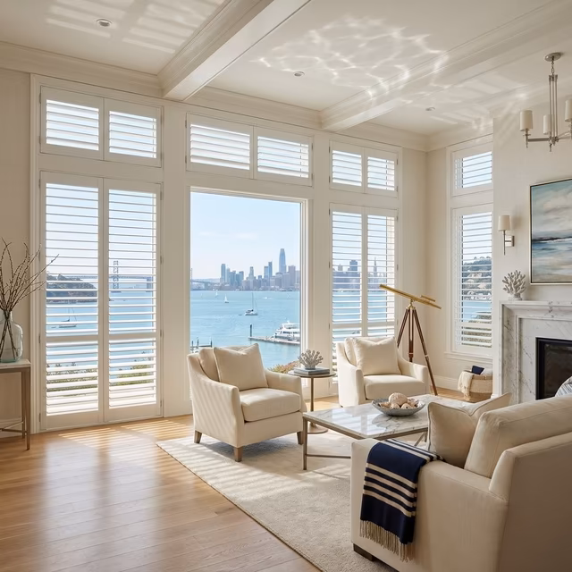 La Grange Window Coverings Palm Beach Polysatin shutters with salt-air resistant UV-stabilized compound framing San Francisco skyline views from a Tiburon waterfront estate, Tiburon CA 94920