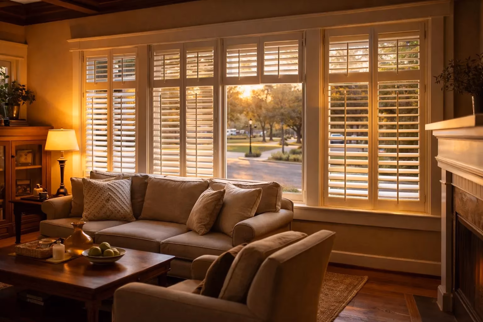 La Grange Window Coverings custom plantation shutters casting warm sunset light through 3.5-inch basswood louvers in a craftsman bungalow near Windsor Town Green CA 95492