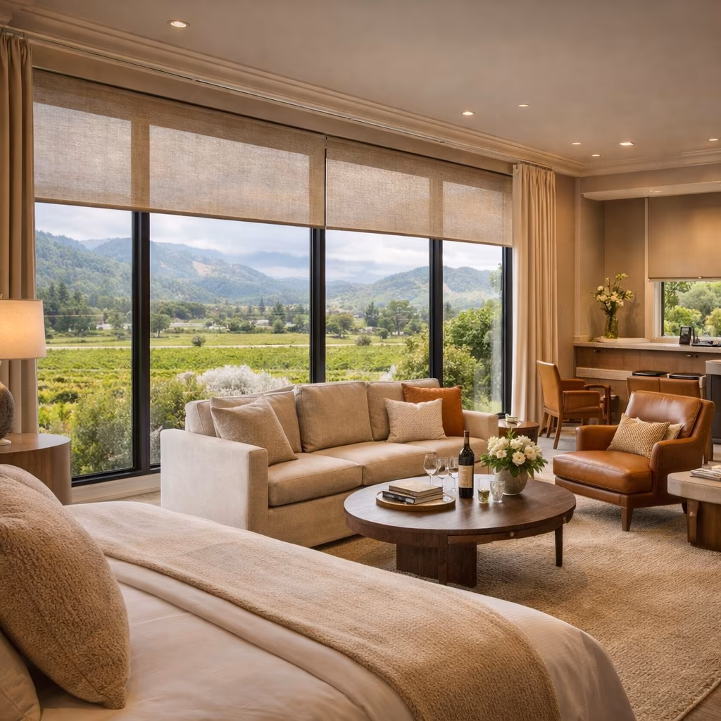 La Grange Window Coverings sub-25 dBA Quiet Tech motorized shades with PowerView Gen 3 automation in a Yountville boutique hospitality suite overlooking vineyard rows near Bardessono, Yountville CA 94599