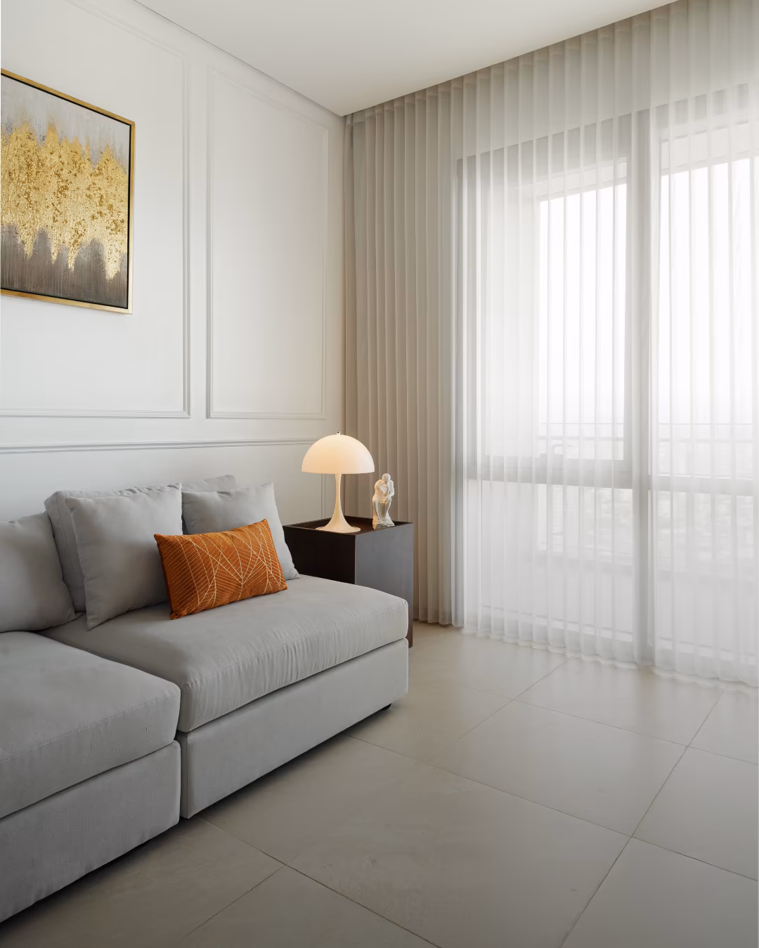 La Grange Window Coverings custom sheer drapery panels with Veronica Thompson designer fabric selection and precision track-mounted hardware in a contemporary Sonoma County interior, Windsor CA 95492