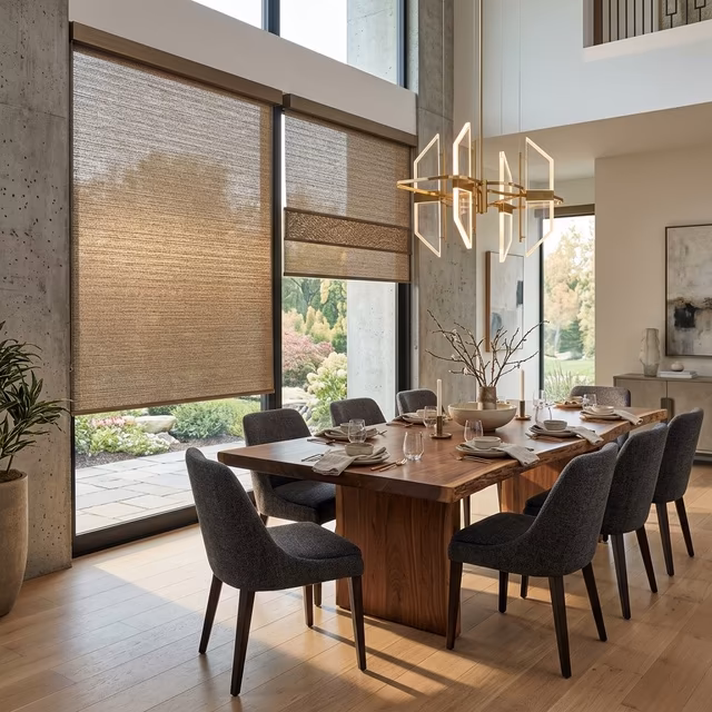Hunter Douglas Alustra Woven Textures roller shades with metallic bronze-threaded artisan fabric and exclusive brushed bronze hardware in an architect-designed dining room with live-edge walnut table, installed by La Grange Window Coverings Healdsburg CA 95448