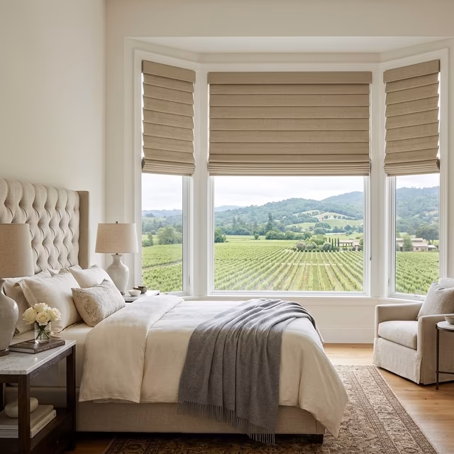 Hunter Douglas Alustra Woven Textures Roman shades with organic flax-toned fabric and contoured battens with exclusive brushed nickel hardware in a luxury master suite overlooking wine country, installed by La Grange Window Coverings Healdsburg CA 95448
