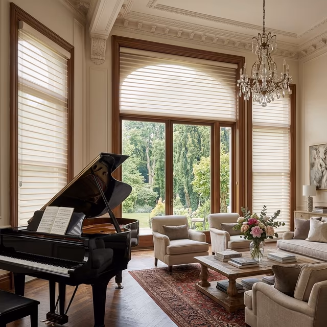 Hunter Douglas Aria fabric blinds with soft translucent horizontal fabric vanes and innovative tilt bar beside grand piano in a luxury living room with tall ceilings and crown molding, installed by La Grange Window Coverings Windsor CA 95492