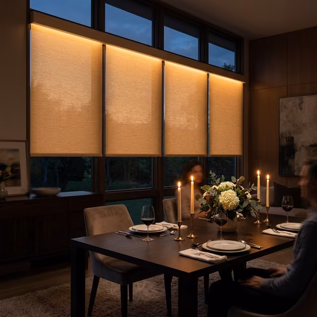 Hunter Douglas Aura illuminated shades with integrated LED backlighting creating warm ambient glow through translucent fabric in a sophisticated dining room at twilight replacing overhead fixtures, installed by La Grange Window Coverings Santa Rosa CA 95404