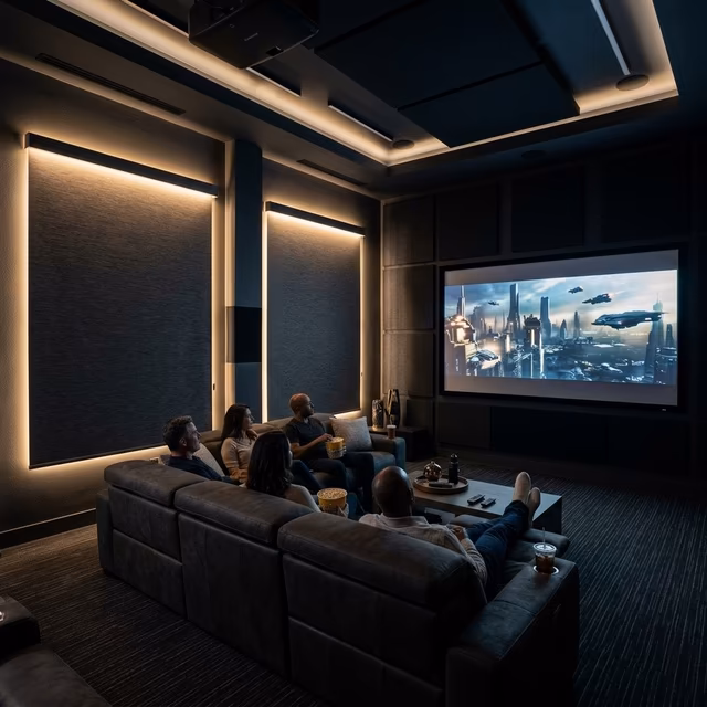 Hunter Douglas Aura illuminated shades providing soft LED bias lighting in a modern home theater media room with room-darkening fabric and PowerView Gen 3 automation, installed by La Grange Window Coverings Santa Rosa CA 95404