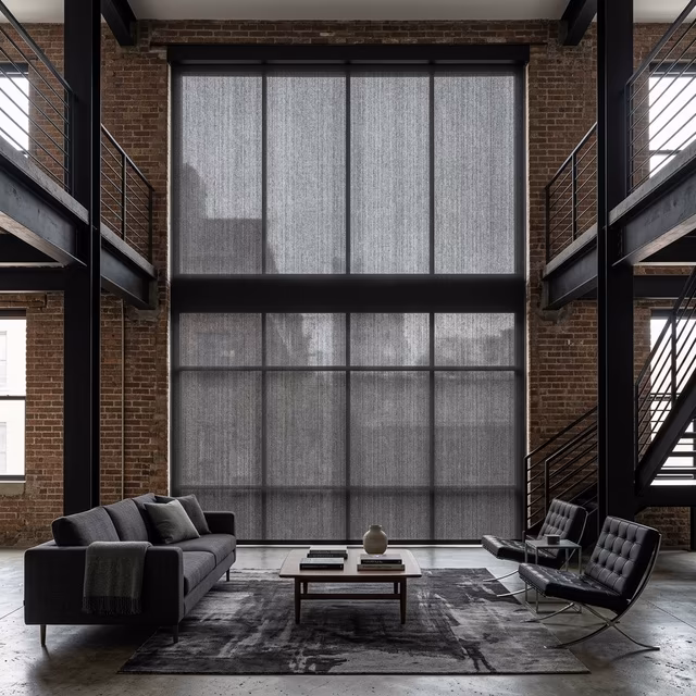 Conrad Original architectural roller shades in charcoal performance fabric spanning oversized 16-foot-wide window in dramatic double-height loft with exposed brick walls steel beams and concealed bracket mounting, installed by La Grange Window Coverings Santa Rosa CA 95404