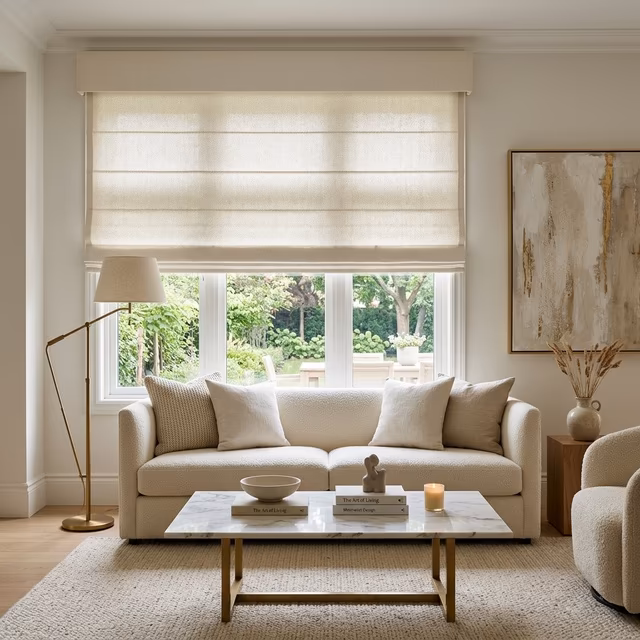Conrad Original roman shades in Belgian linen COM fabric with crisp horizontal folds and fabric-wrapped fascia in designer living room with marble coffee table and contemporary art, installed by La Grange Window Coverings Santa Rosa CA 95404