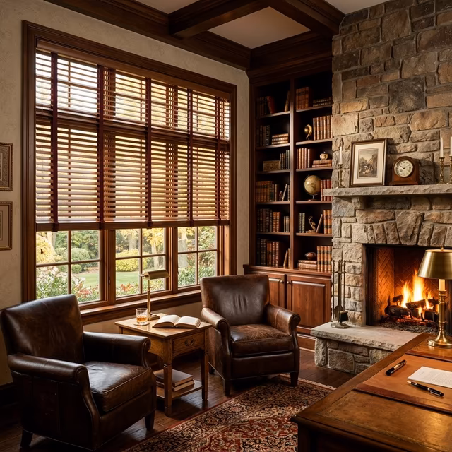 Custom basswood horizontal blinds in rich walnut stain with 2.5-inch slats cordless lift system and decorative cloth tapes in classic study with stone fireplace and leather club chairs, installed by La Grange Window Coverings Windsor CA 95492