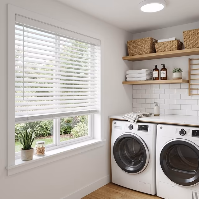 Hunter Douglas faux wood blinds in crisp white composite finish with 2-inch moisture-resistant PVC slats and wand tilt mechanism in bright modern laundry room with quartz countertop, installed by La Grange Window Coverings Windsor CA 95492
