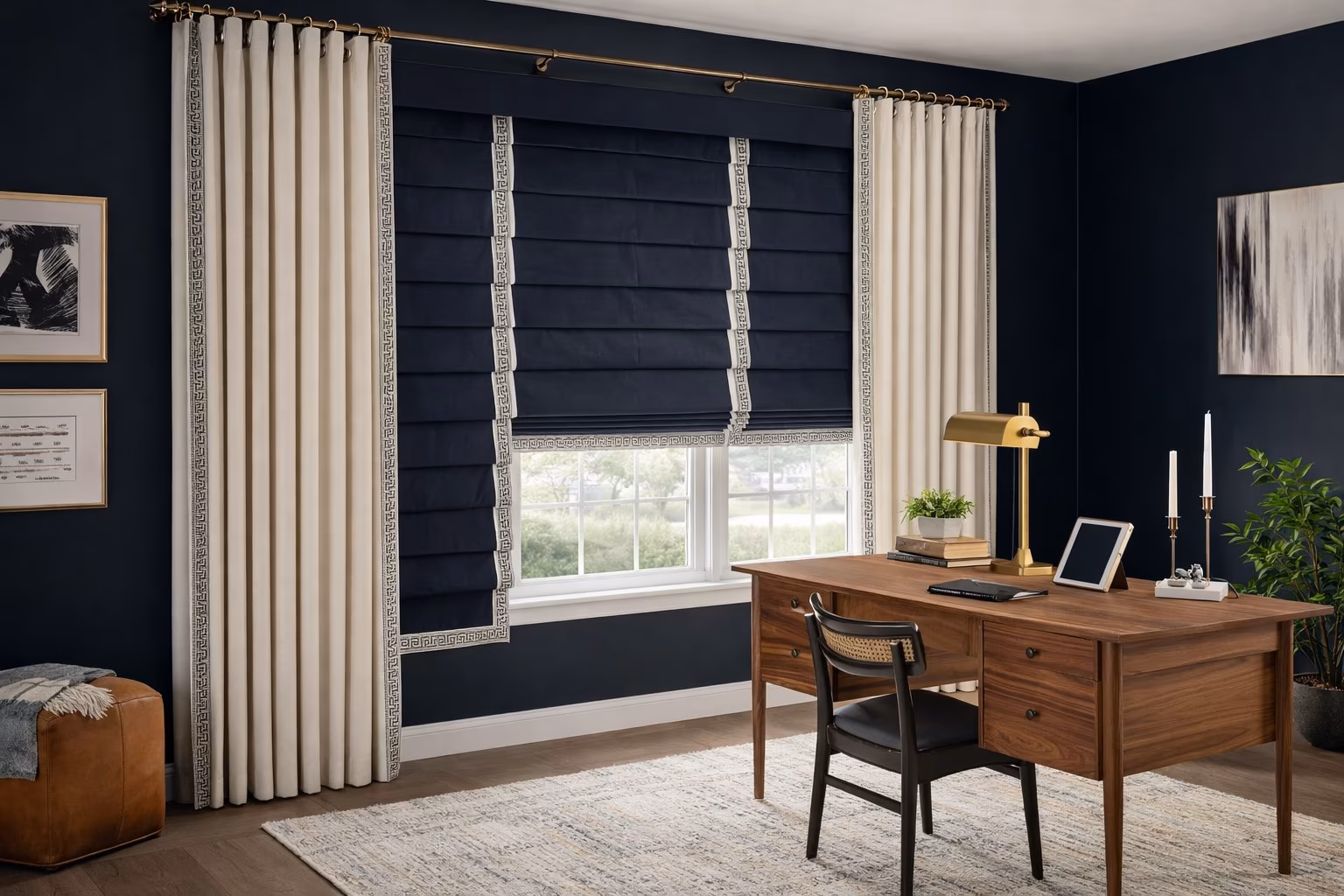 Hunter Douglas Design Studio Roman Shades paired with custom drapery panels with Greek key trim in a sophisticated navy blue home office, installed by La Grange Window Coverings