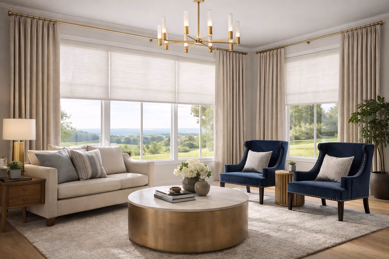 Custom linen drapery panels layered with Hunter Douglas Designer Roller Shades in a luxury living room with brass chandelier, installed by La Grange Window Coverings Sonoma County