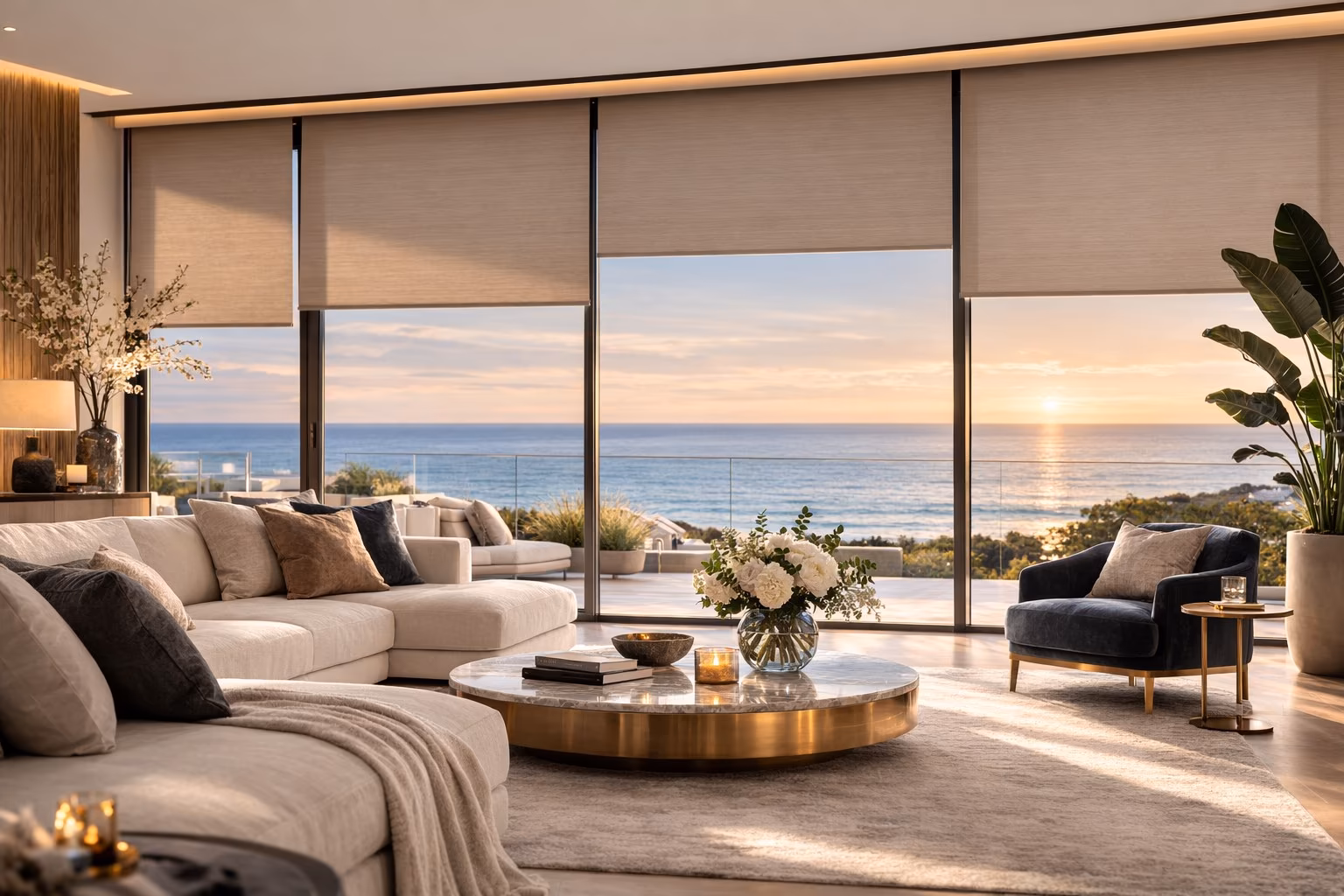 Hunter Douglas Designer Roller Shades in neutral fabric filtering golden sunset light in a coastal living room with panoramic Pacific Ocean views, installed by La Grange Window Coverings