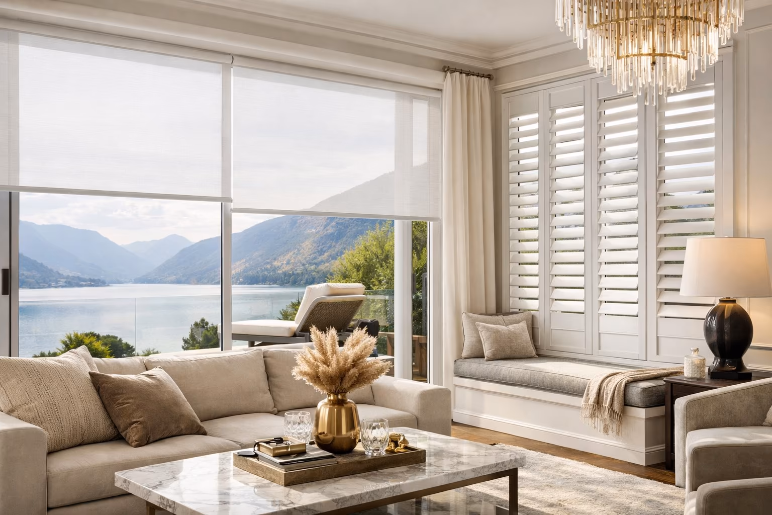 Hunter Douglas Designer Roller Shades combined with plantation shutters in a bright sunroom with crystal chandelier and mountain lake views, installed by La Grange Window Coverings