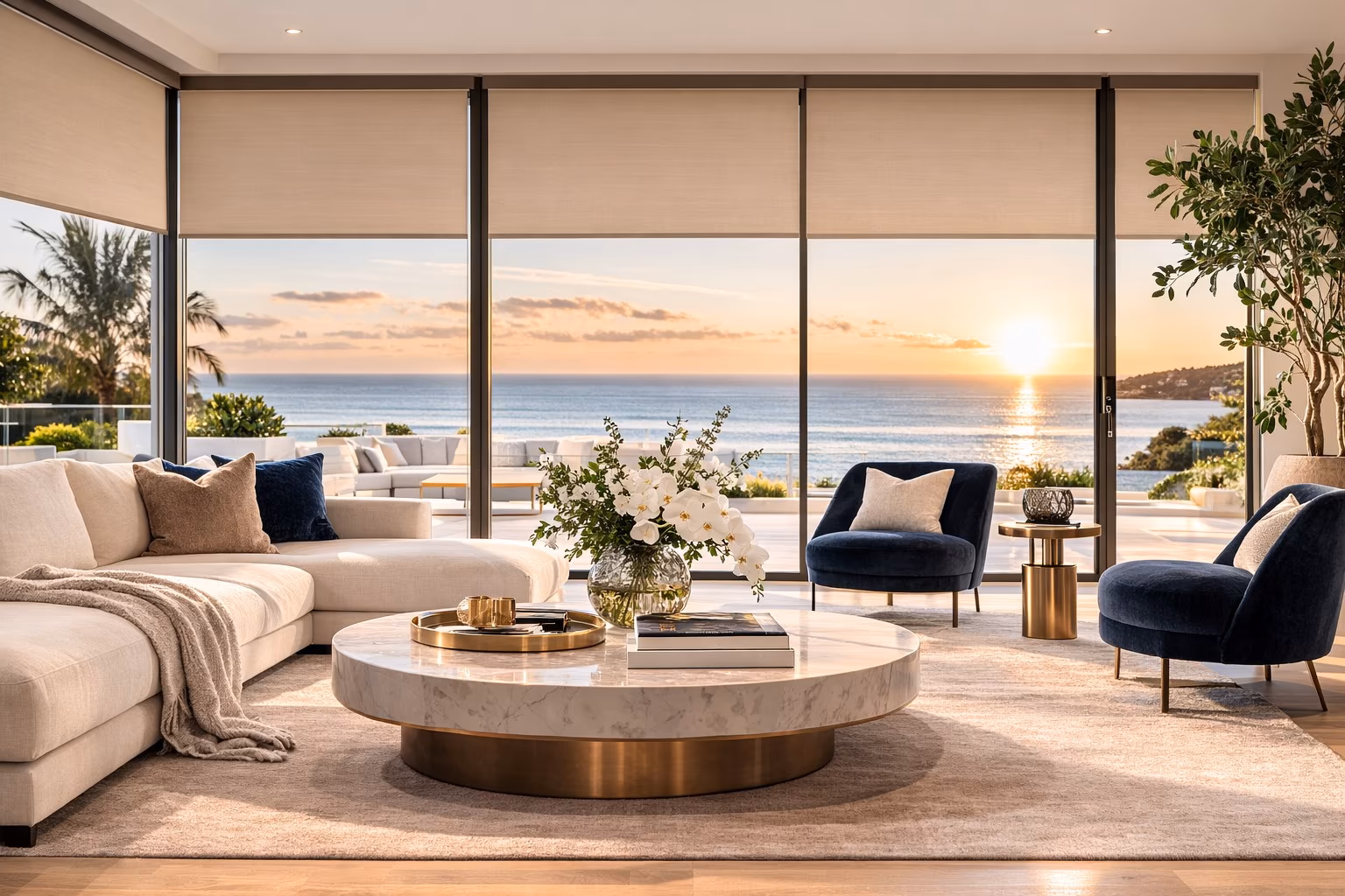 Hunter Douglas Designer Screen Shades managing sunset glare while preserving panoramic ocean views in a contemporary coastal living room, installed by La Grange Window Coverings