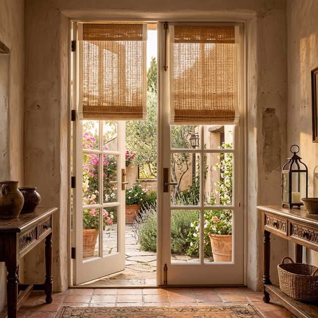 Hartmann and Forbes handwoven natural fiber shades in warm honey-toned jute weave with fabric tape edge binding on tall French doors opening to Mediterranean courtyard garden, installed by La Grange Window Coverings Healdsburg CA 95448