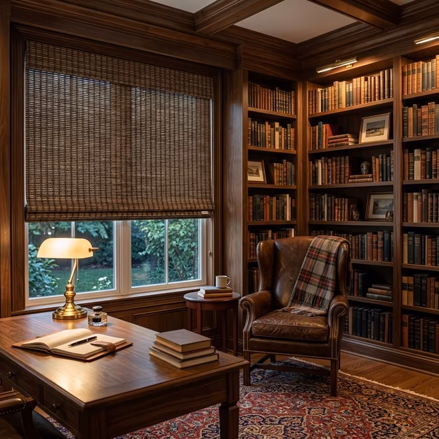Hartmann and Forbes woven wood shades in dark bamboo and sea grass tight-weave in sophisticated home study library with leather wingback chair and brass desk lamp, sustainably sourced low-VOC materials, installed by La Grange Window Coverings Healdsburg CA 95448
