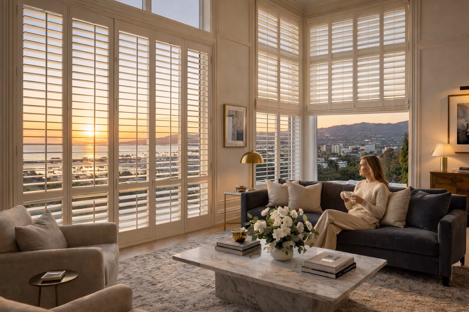 Hunter Douglas Heritance Hardwood Shutters with wide louvers in a luxury living room at sunset with panoramic bay and mountain views, installed by La Grange Window Coverings