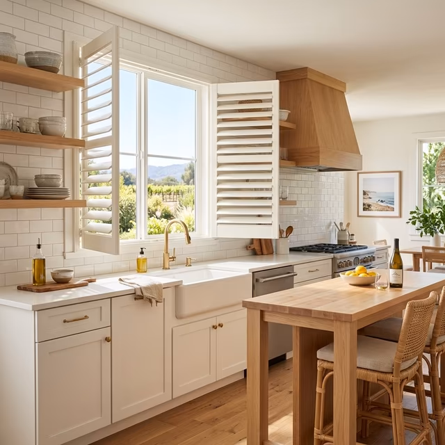 Hunter Douglas NewStyle composite shutters with 3.5-inch louvers in warm white finish framing farmhouse sink window in a bright coastal Northern California kitchen with quartz countertops, installed by La Grange Window Coverings Windsor CA 95492