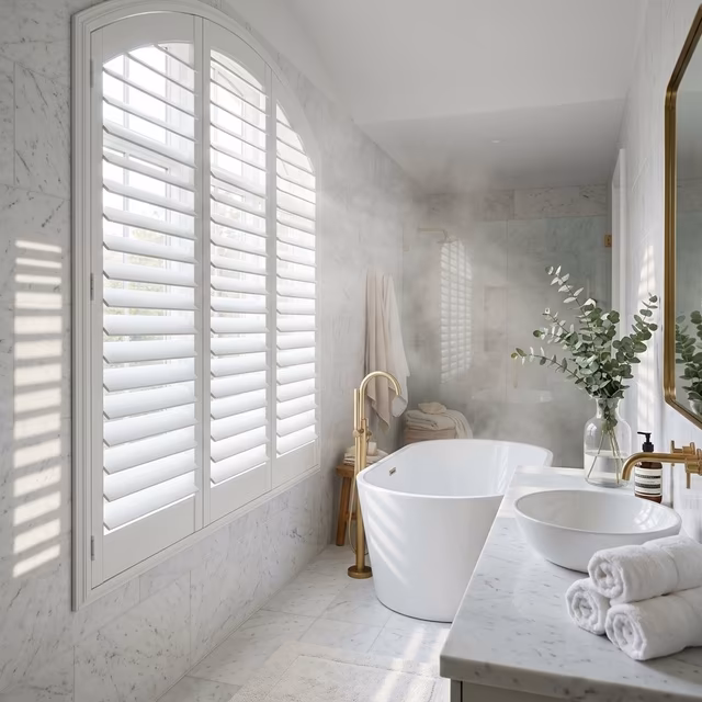 Hunter Douglas Palm Beach polysatin plantation shutters with UV-resistant compound louvers and invisible tilt rod in a luxury spa bathroom beside freestanding soaking tub with steam-proof moisture resistance, installed by La Grange Window Coverings Windsor CA 95492