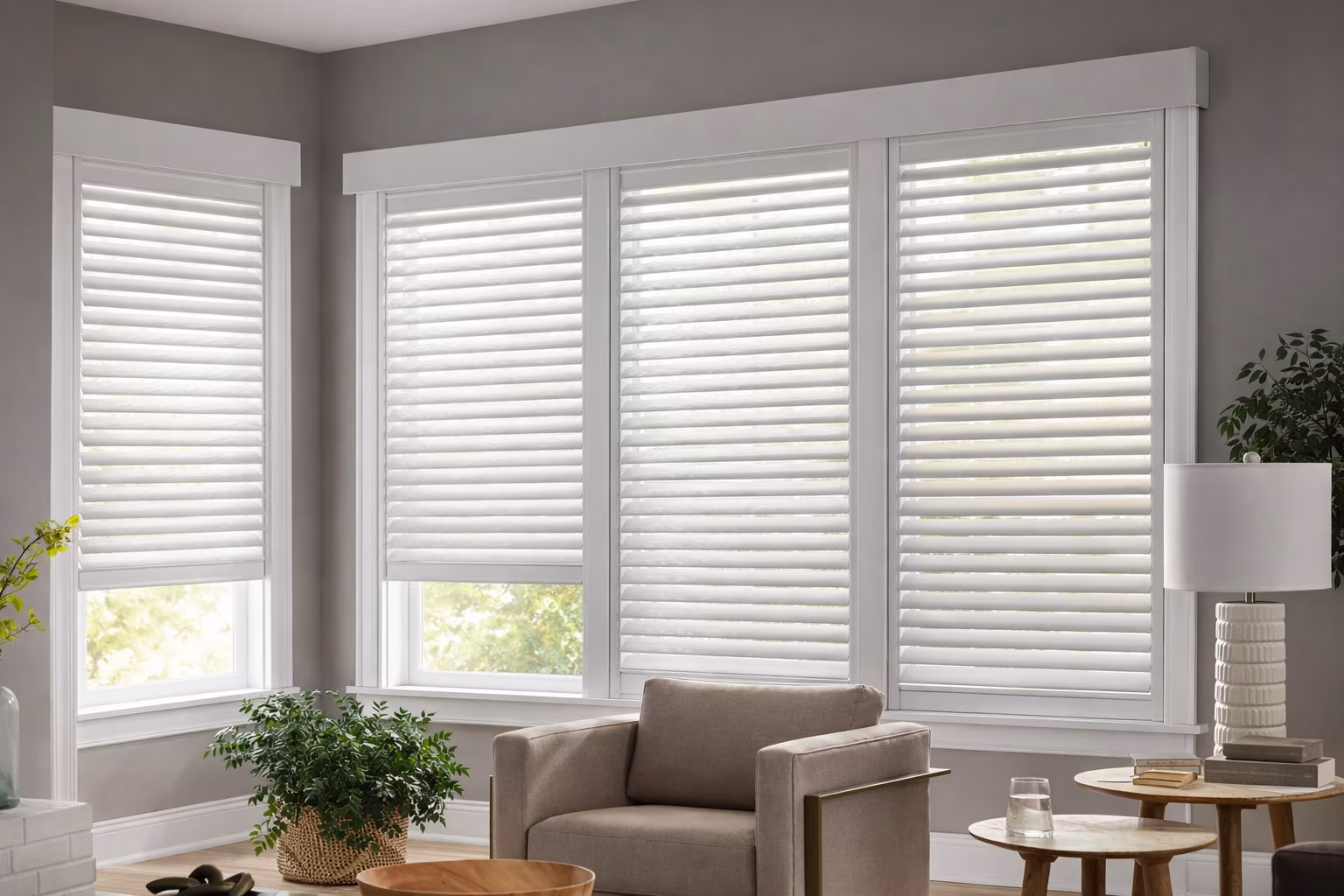 Hunter Douglas Pirouette Window Shadings with horizontal fabric vanes in a bright contemporary white living room with natural greenery, installed by La Grange Window Coverings