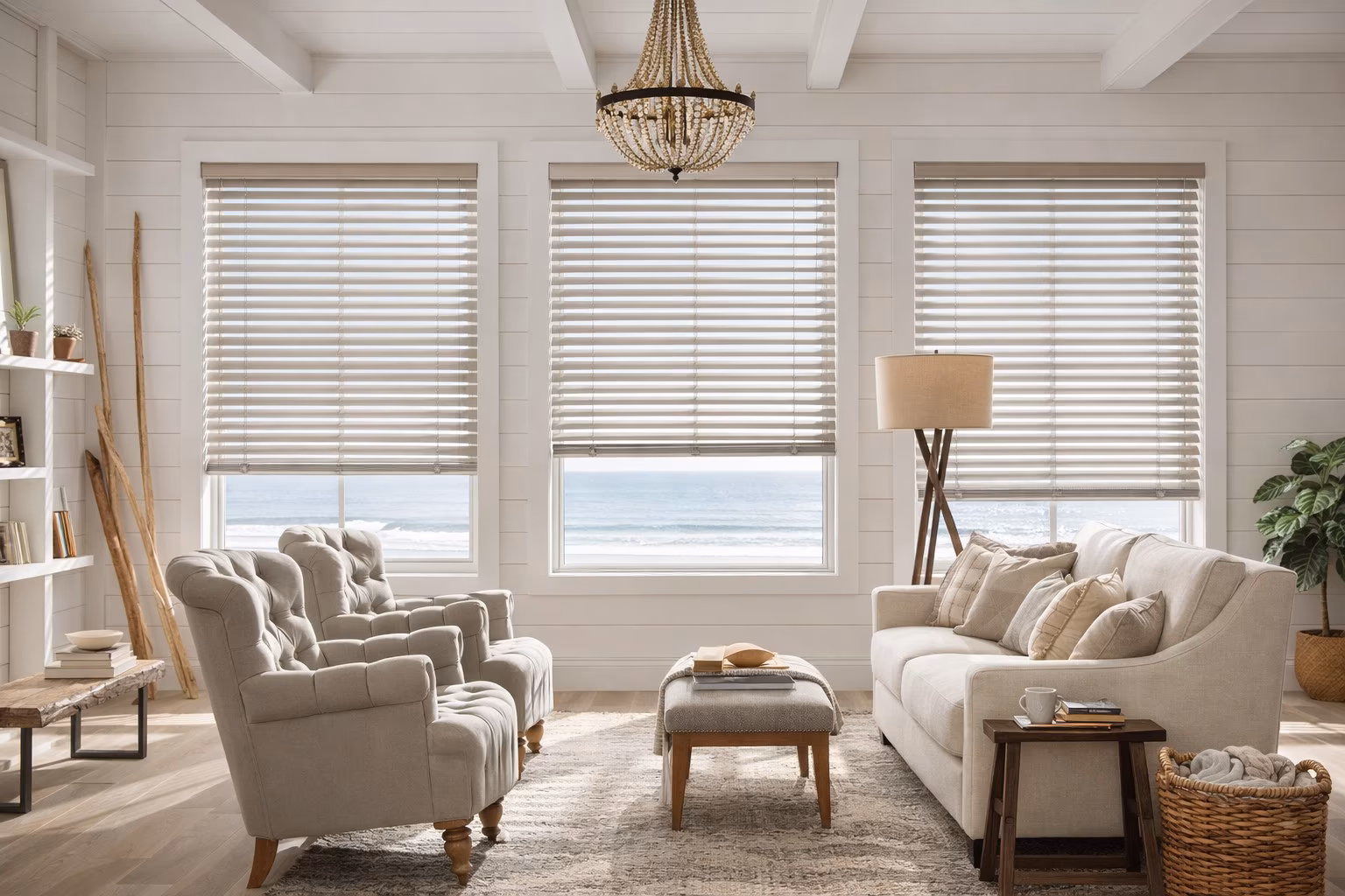 Hunter Douglas Silhouette Window Shadings with soft S-shaped vanes diffusing natural light in a white coastal living room with ocean views and beaded chandelier, installed by La Grange Window Coverings