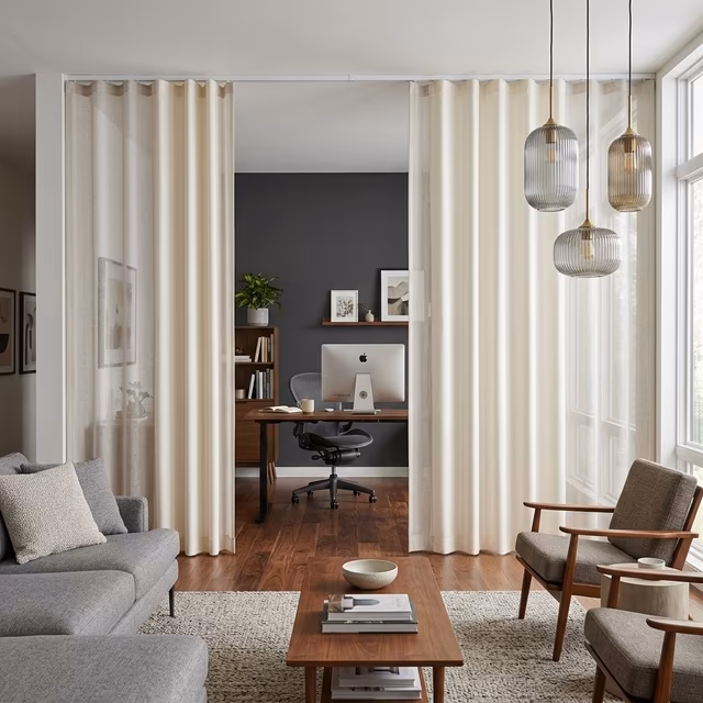 Hunter Douglas Skyline Gliding Window Panels as architectural room divider separating home office from living area with alternating solid and translucent linen fabric panels on ceiling-mounted track, installed by La Grange Window Coverings Windsor CA 95492