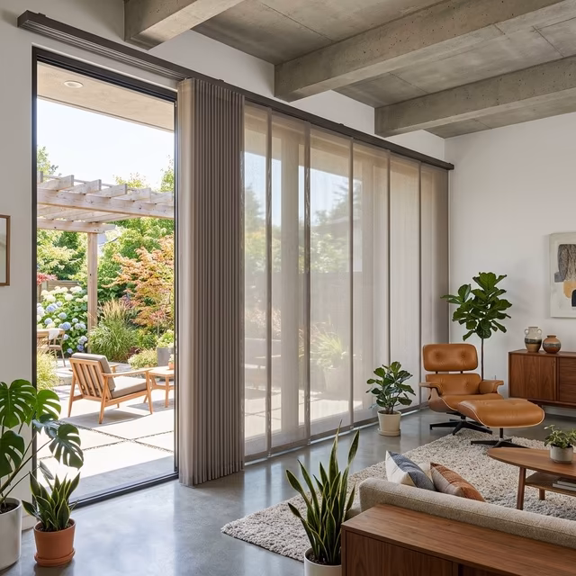 Hunter Douglas Skyline Gliding Window Panels with 17-inch semi-translucent warm gray fabric panels covering 16-foot sliding glass door with ceiling-mounted track and interlocking bottom weights in modern open-concept living room, installed by La Grange Window Coverings Windsor CA 95492