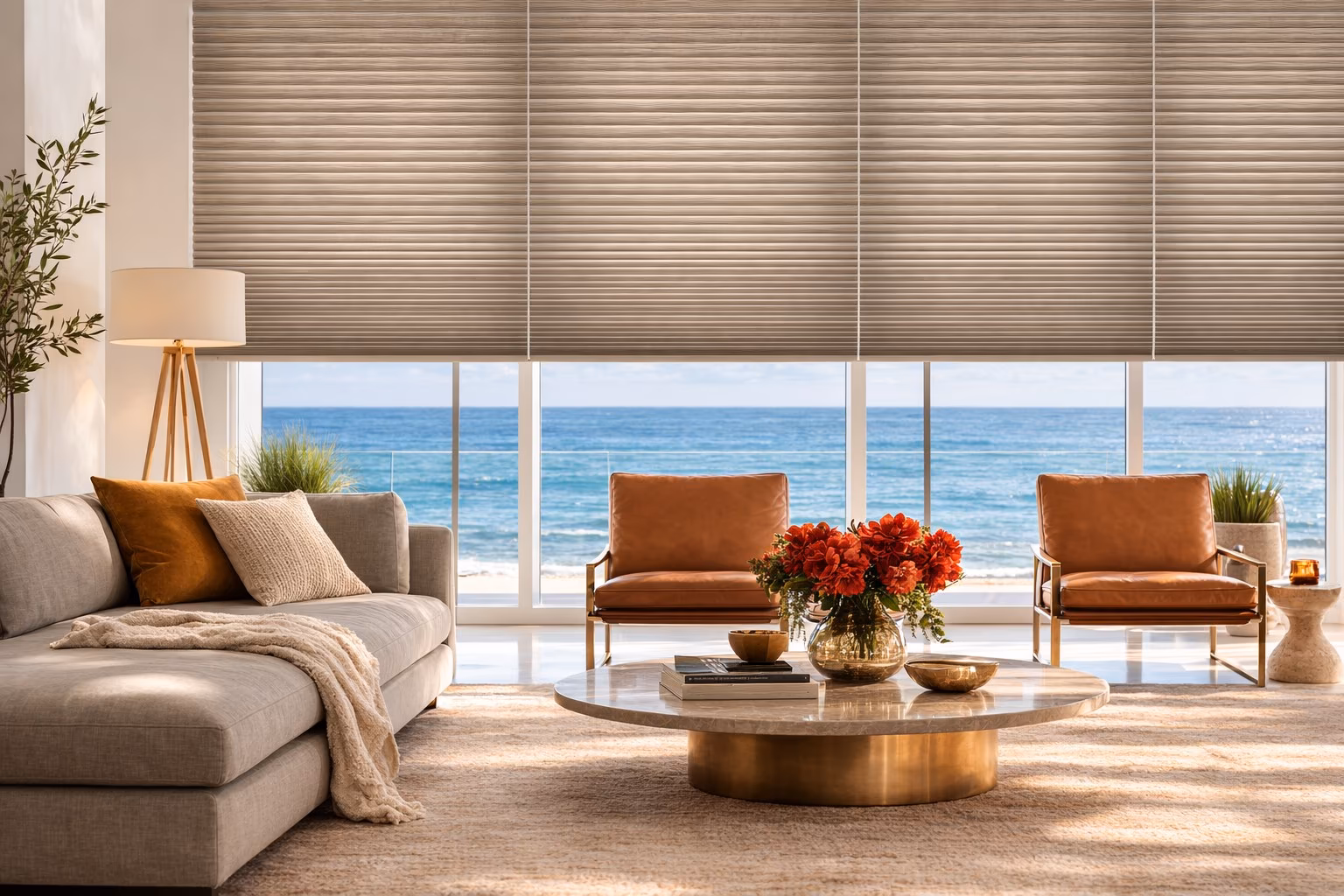 Hunter Douglas Solera Soft Shades with cellular construction on floor-to-ceiling windows in a modern oceanfront living room with coastal views, installed by La Grange Window Coverings