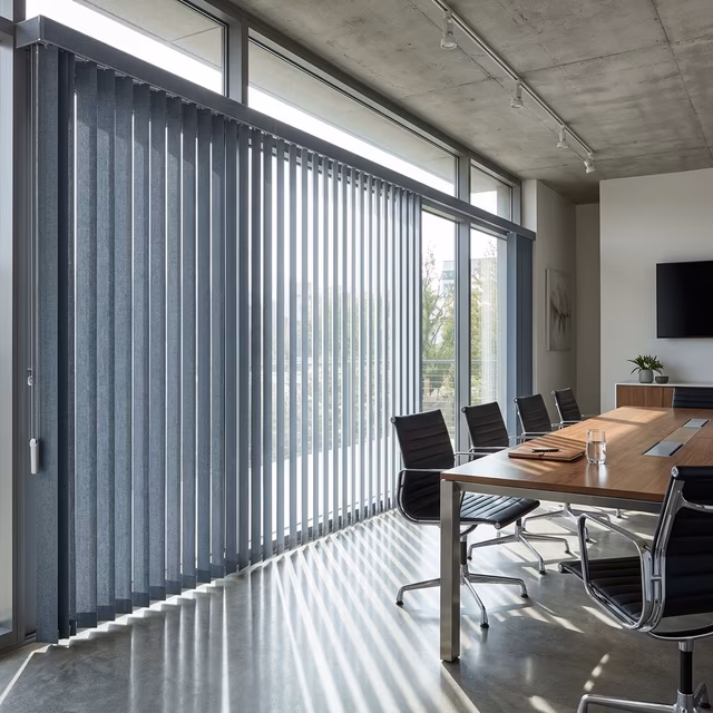 Hunter Douglas Somner custom vertical blinds in textured slate-gray fabric with SoftClose louver mechanism and precision wand control creating dramatic vertical light stripes in a modern commercial conference room, installed by La Grange Window Coverings Santa Rosa CA 95404