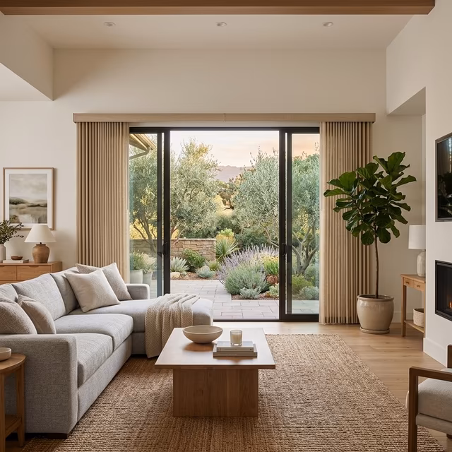 Hunter Douglas Somner custom vertical blinds in warm linen-textured fabric with split-stack configuration on wide sliding glass door revealing Northern California backyard with olive trees, installed by La Grange Window Coverings Windsor CA 95492