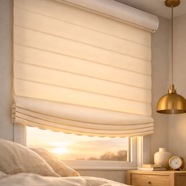 Hunter Douglas Sonnette cellular roller shades with curved honeycomb profile and compact cassette headrail filtering soft morning light in a minimalist Scandinavian bedroom with linen bedding and brass pendant, installed by La Grange Window Coverings Windsor CA 95492