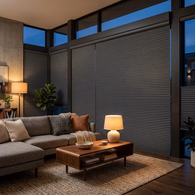 Hunter Douglas Sonnette cellular roller shades in charcoal room-darkening fabric with seamless cassette headrail in a contemporary living room at dusk with warm ambient table lamps, installed by La Grange Window Coverings Windsor CA 95492
