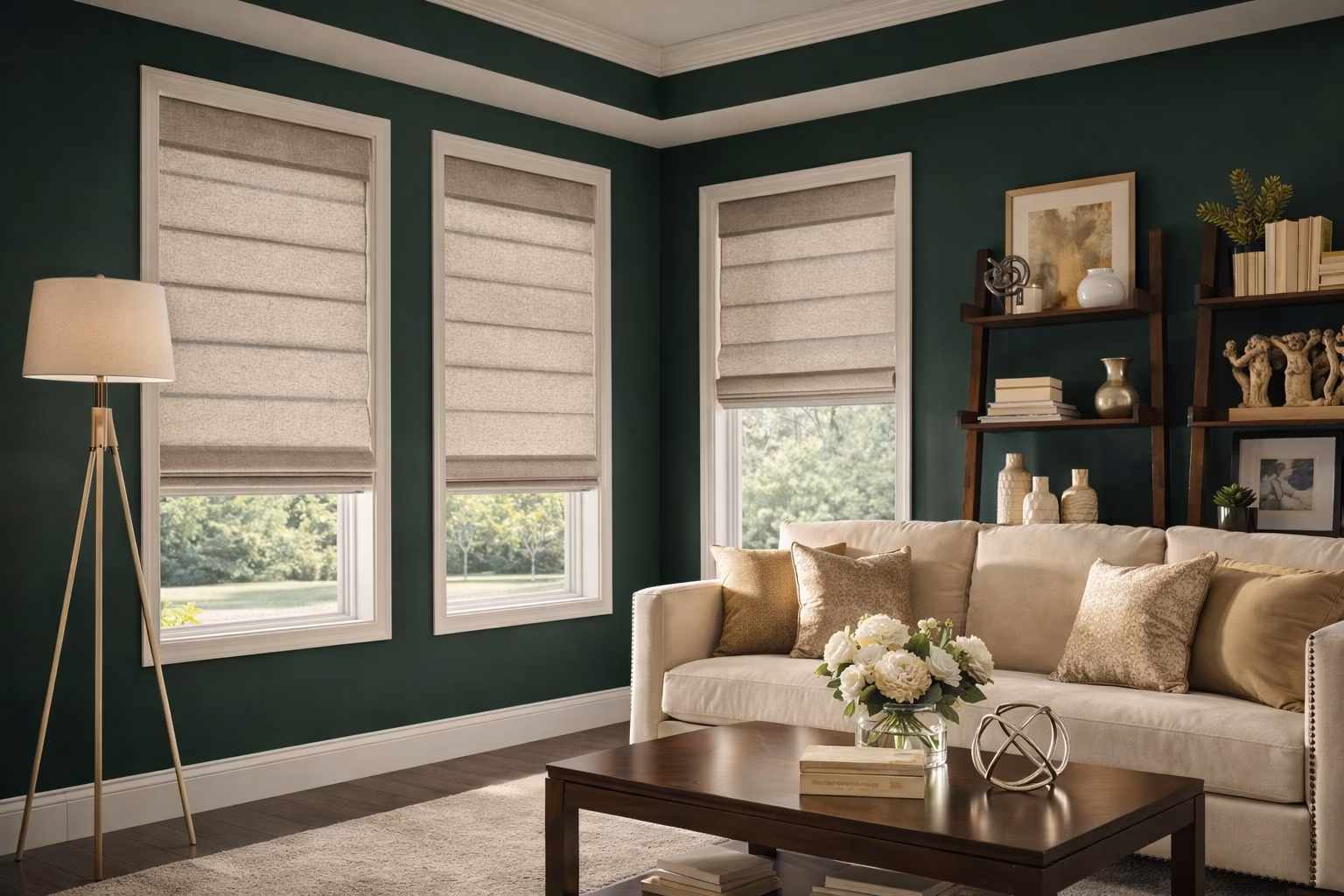 Hunter Douglas Vignette Modern Roman Shades with clean horizontal folds on three windows in an elegant emerald green living room with gold accents, installed by La Grange Window Coverings